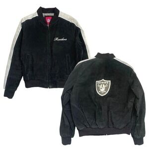 Vtg NFL Oakland Raiders 100% Leather Suede Bomber Jacket Women M Black Superbowl